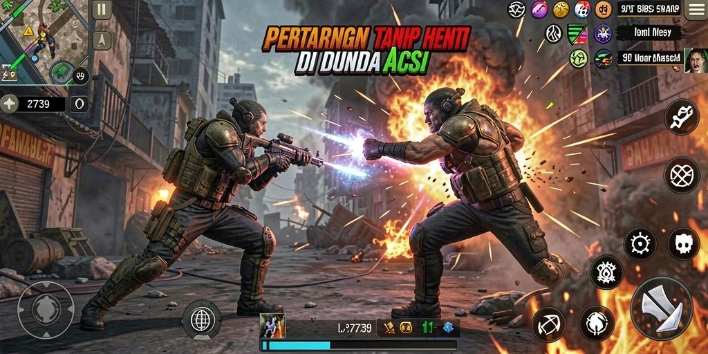 Screenshot menunjukkan aksi intens dan karakter berlatih di arena.