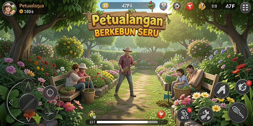 Tampilan gameplay <strong>47F</strong> yang seru dan berwarna dalam berkebun.