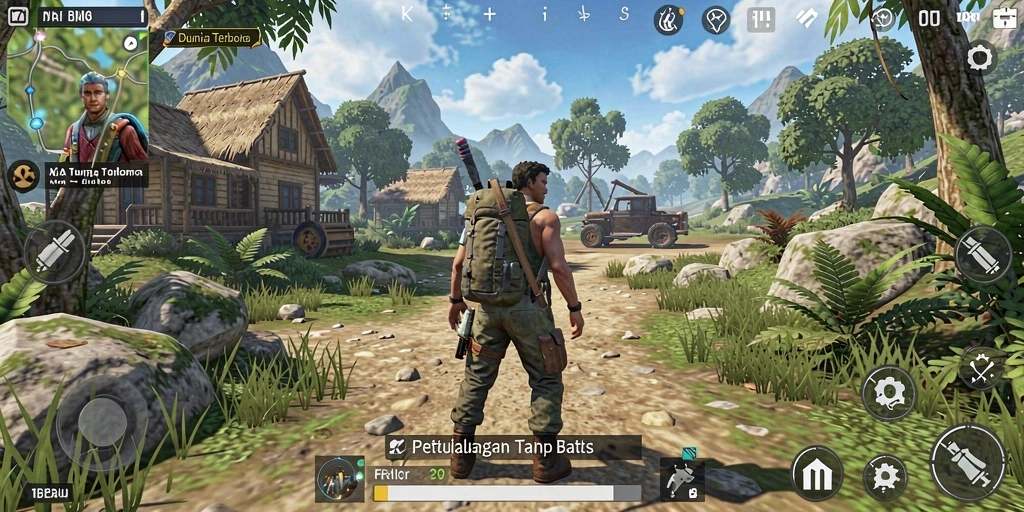 Screenshot gameplay 5RT menampilkan petualangan eksplorasi aktif di dunia terbuka.