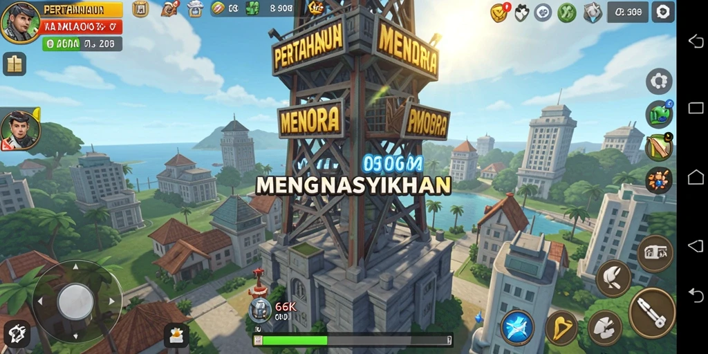 Screenshot gameplay 66K dengan menara dan musuh yang beragam.