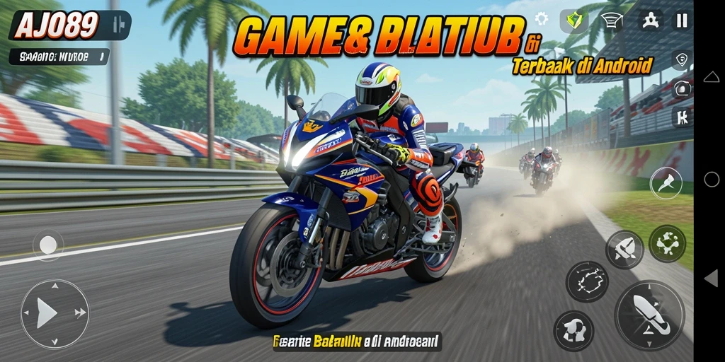 Screenshot gameplay AJO89 menunjukkan aksi balap motor yang mendebarkan.
