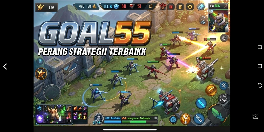 Tangkapan layar utama menunjukkan aksi gameplay strategis yang intens.
