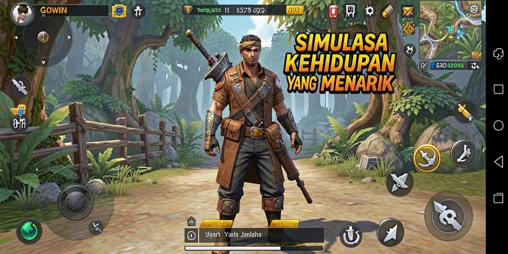 Screenshot GOWIN menampilkan karakter dalam aktivitas simulasi yang realistis.