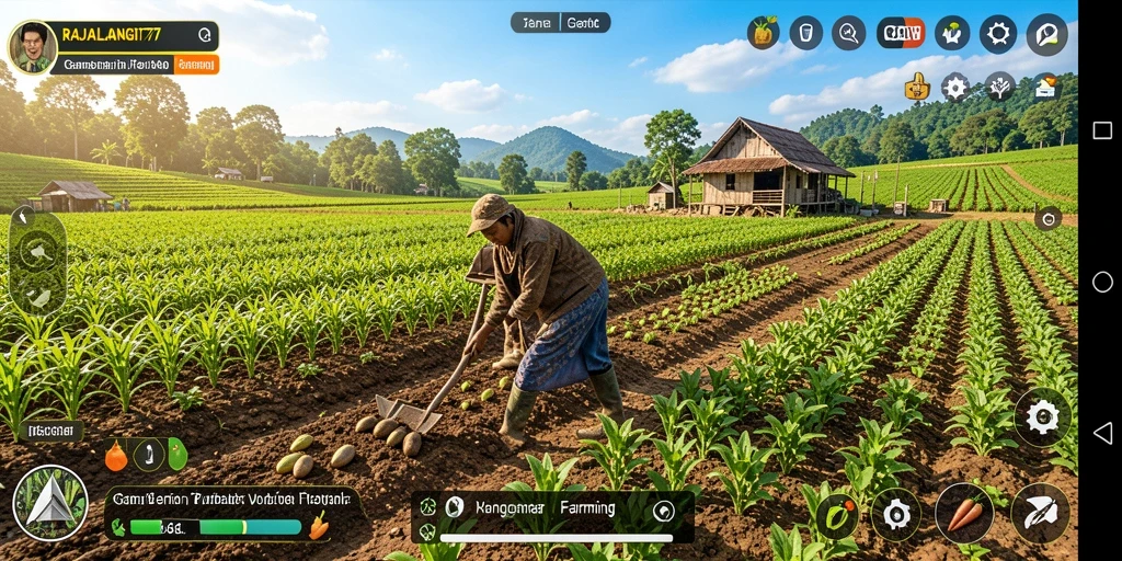 Gameplay RAJALANGIT77 menampilkan ladang yang hijau dan tanaman yang subur.