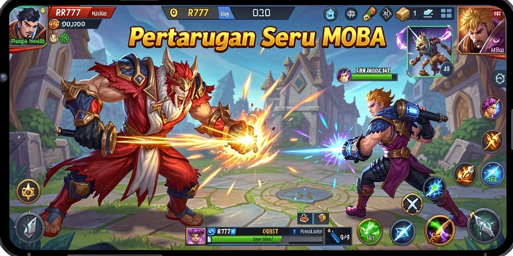 Tangkapan layar gameplay MOBA yang menampilkan aksi pertarungan mendebarkan.